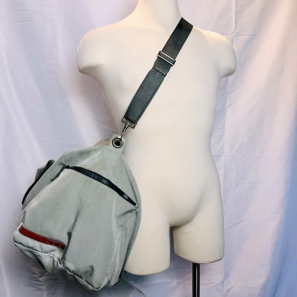 Prada Sport ICE Grey duffle early 2000s red tab handles and shoulder strap